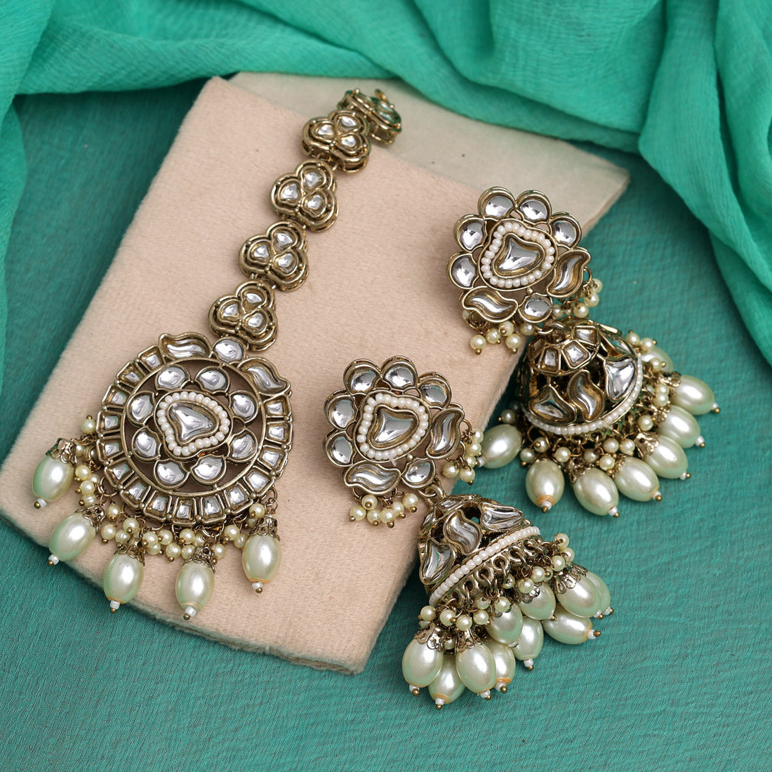 White Color Kundan Earrings With Maang Tikka Jewellery GetGlit