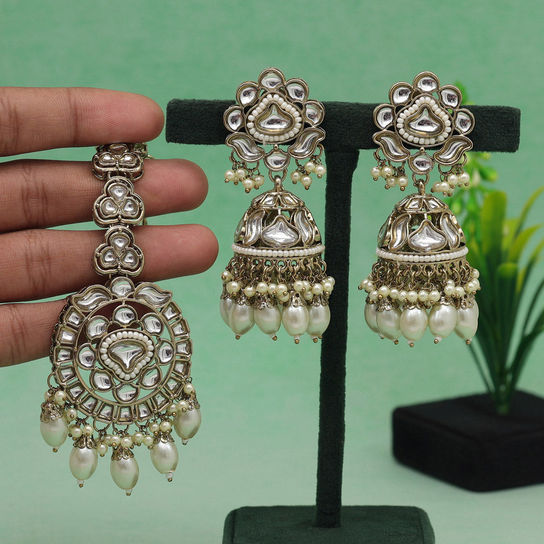 White Color Kundan Earrings With Maang Tikka Jewellery GetGlit