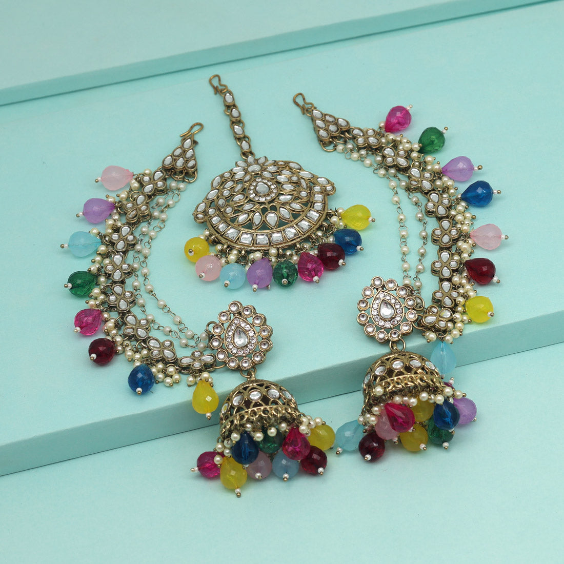 Multi Color Kundan Earrings With Maang Tikka (KDTE560MLT) Jewellery GetGlit