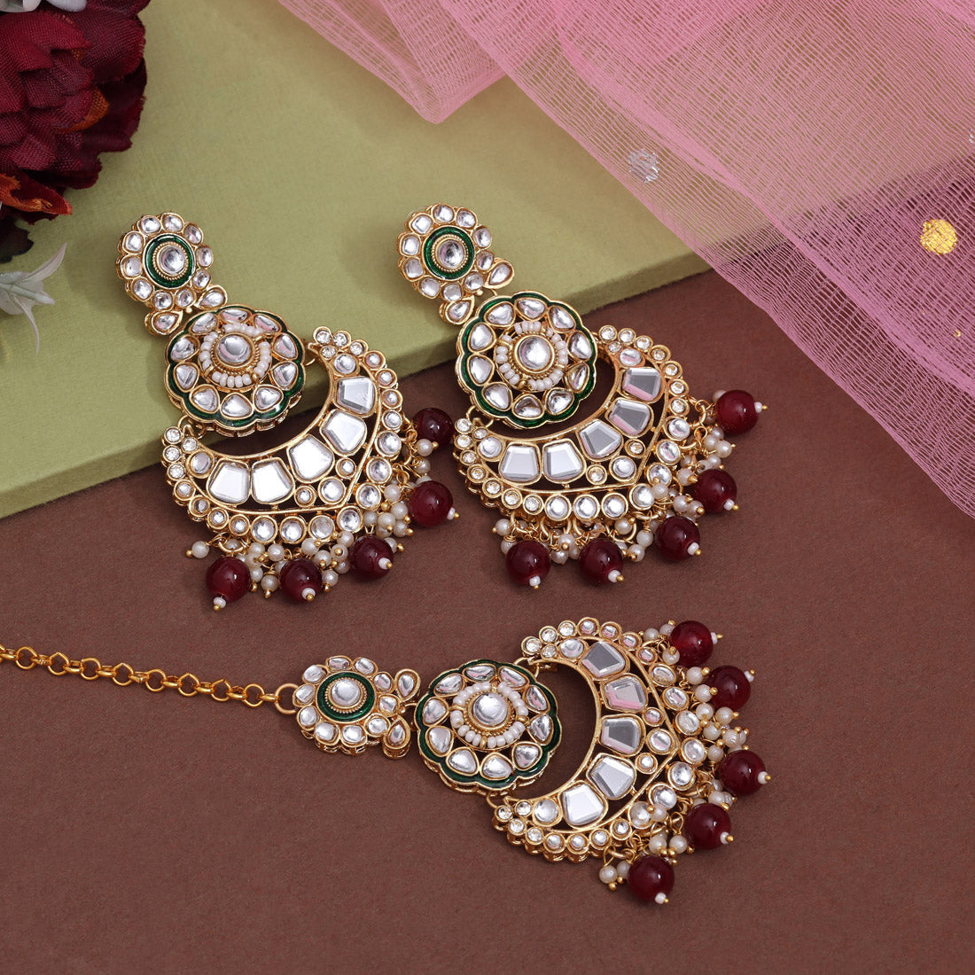 Maroon Color Kundan Earrings With Maang Tikka (KDTE570MRN Jewellery GetGlit