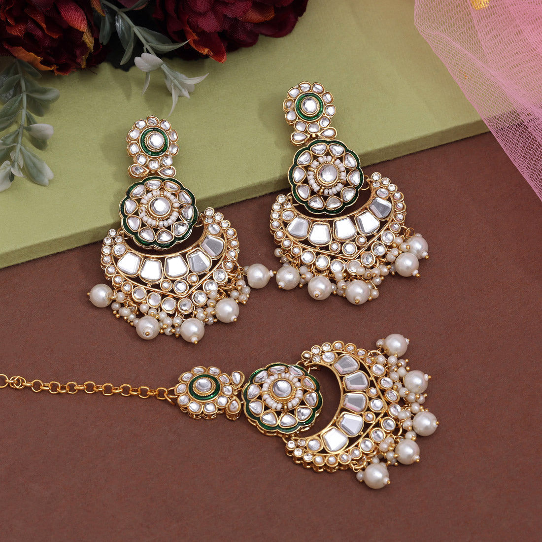 White Color Kundan Earrings With Maang Tikka (KDTE570WHT Jewellery GetGlit