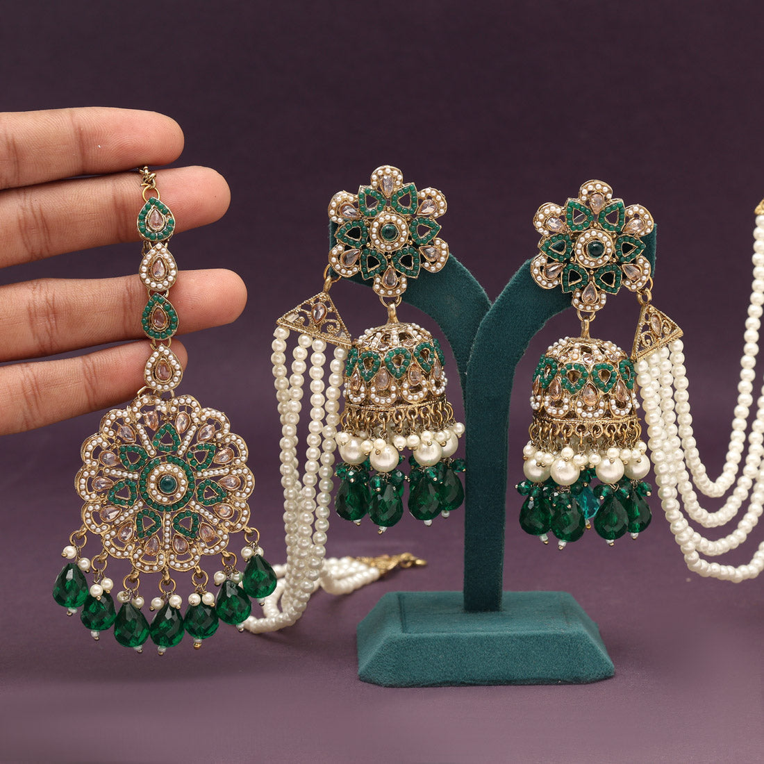 Green Color Pakistani Kundan Earrings With Maang Tikka Jewellery GlitStudio