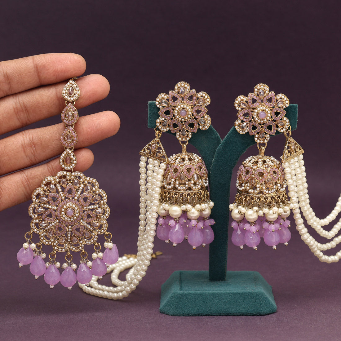 Light Purple Color Pakistani Kundan Earrings With Maang Tikka (KDTE579LPRP) Jewellery GetGlit