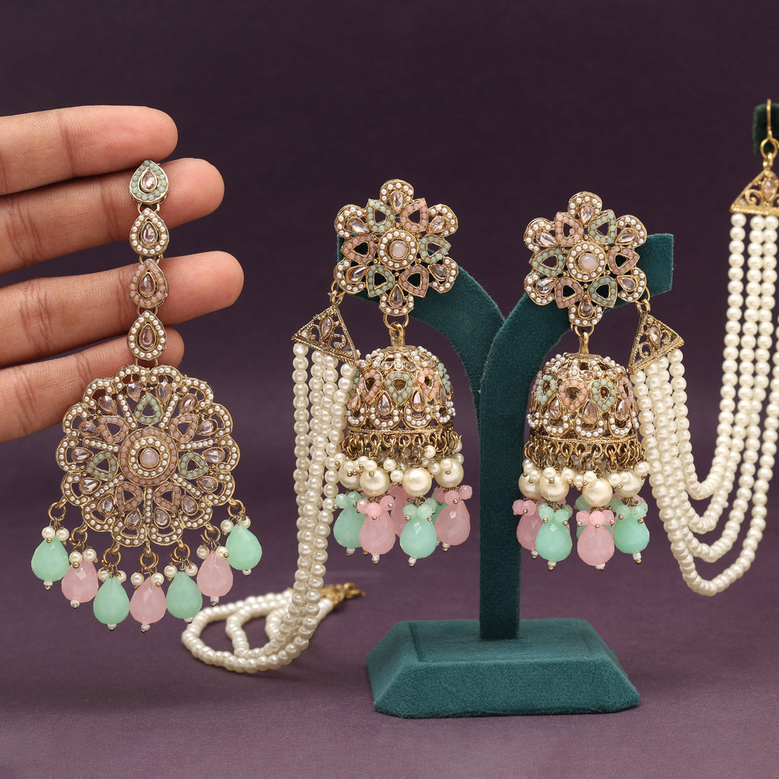 Pink & Pista Green Color Pakistani Kundan Earrings With Maang Tikka (KDTE579PNKPGRN) Jewellery GetGlit