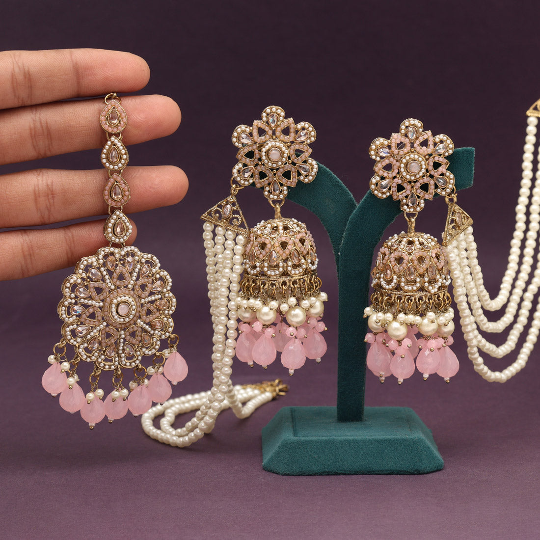 Pink Color Pakistani Kundan Earrings With Maang Tikka (KDTE579PNK) Jewellery GetGlit