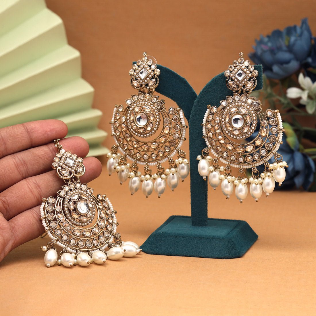 Gold Color Kundan Earrings With Maang Tikka Jewellery GetGlit