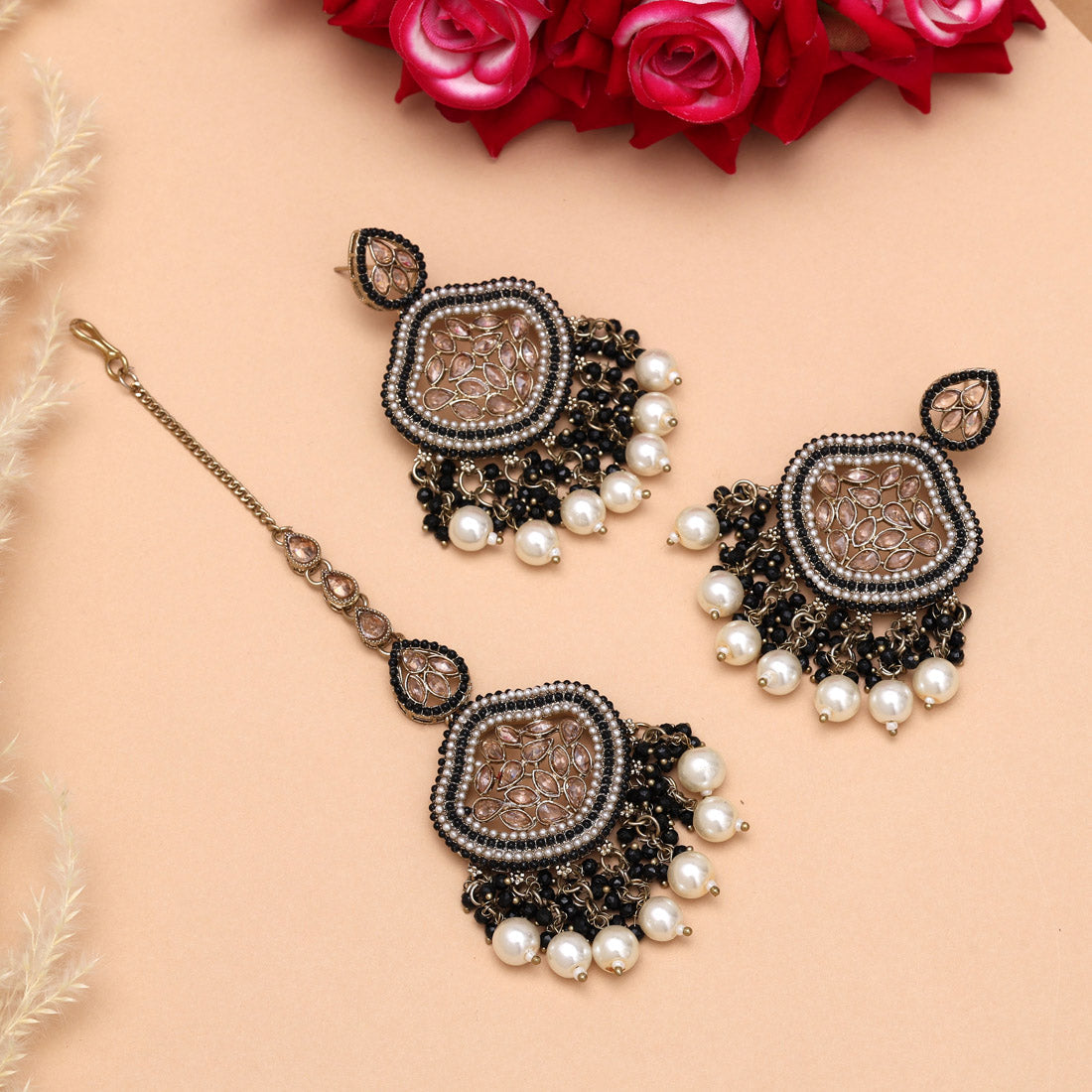 Black Color Pakistani Kundan Earrings With Maang Tikka Jewellery GetGlit