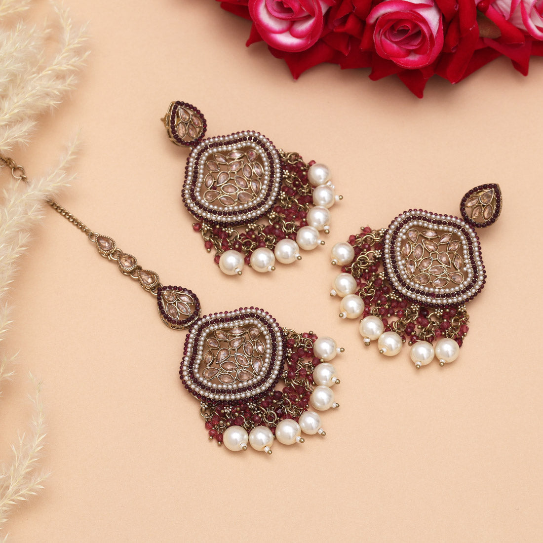 Magenta Color Pakistani Kundan Earrings With Maang Tikka Jewellery GetGlit