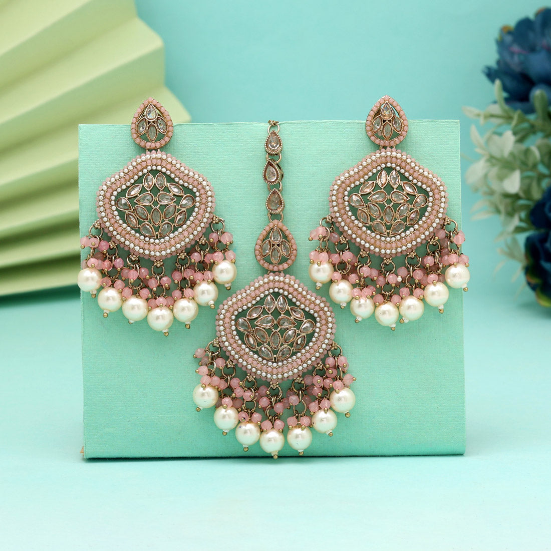 Pink Color Pakistani Kundan Earrings With Maang Tikka Jewellery GetGlit