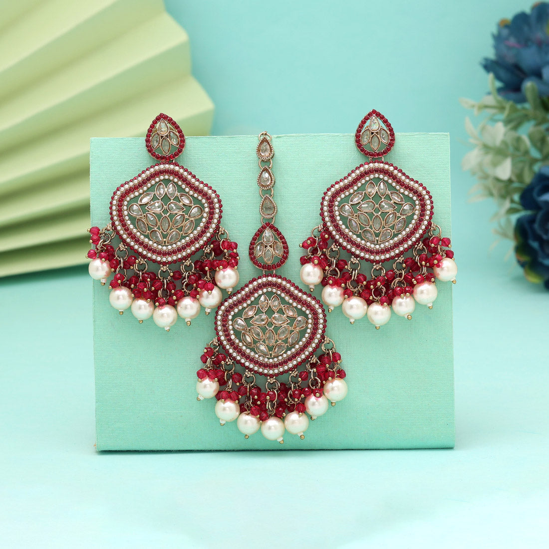 Rani Color Pakistani Kundan Earrings With Maang Tikka Jewellery GetGlit