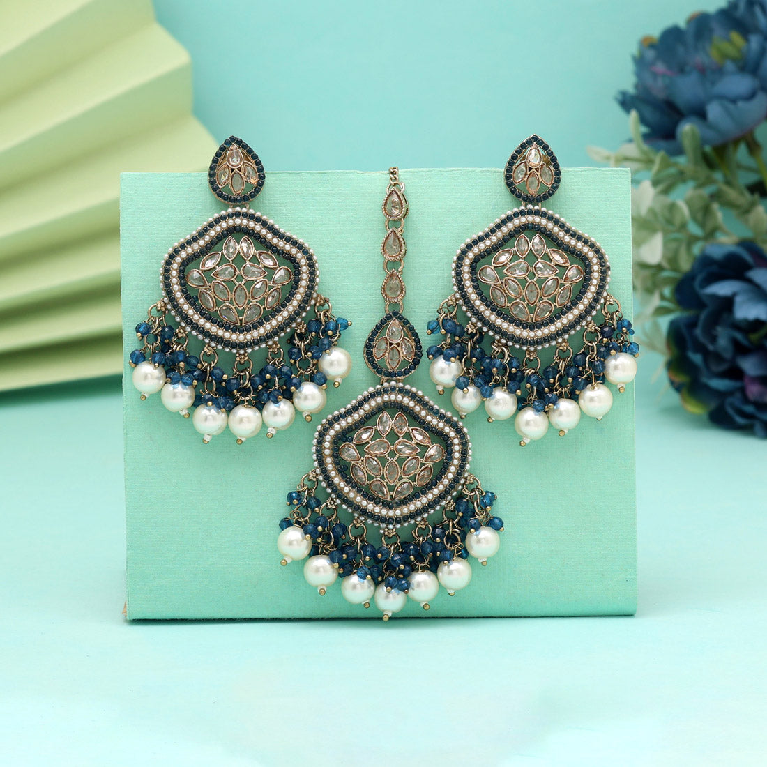 Turquoise Blue Color Pakistani Kundan Earrings With Maang Tikka (KDTE591TBLU) Jewellery GetGlit