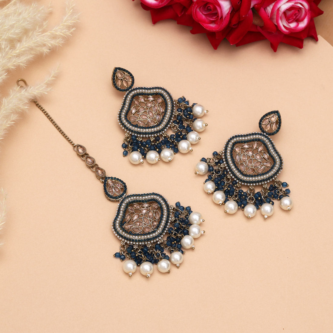 Turquoise Blue Color Pakistani Kundan Earrings With Maang Tikka (KDTE591TBLU) Jewellery GetGlit