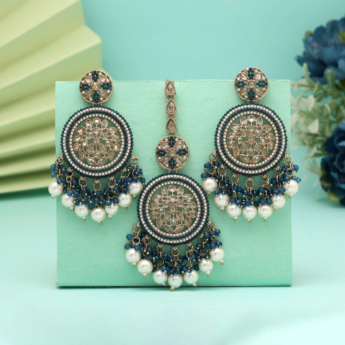 Turquoise Blue Color Pakistani Kundan Earrings With Maang Tikka (KDTE592TBLU) Jewellery GetGlit