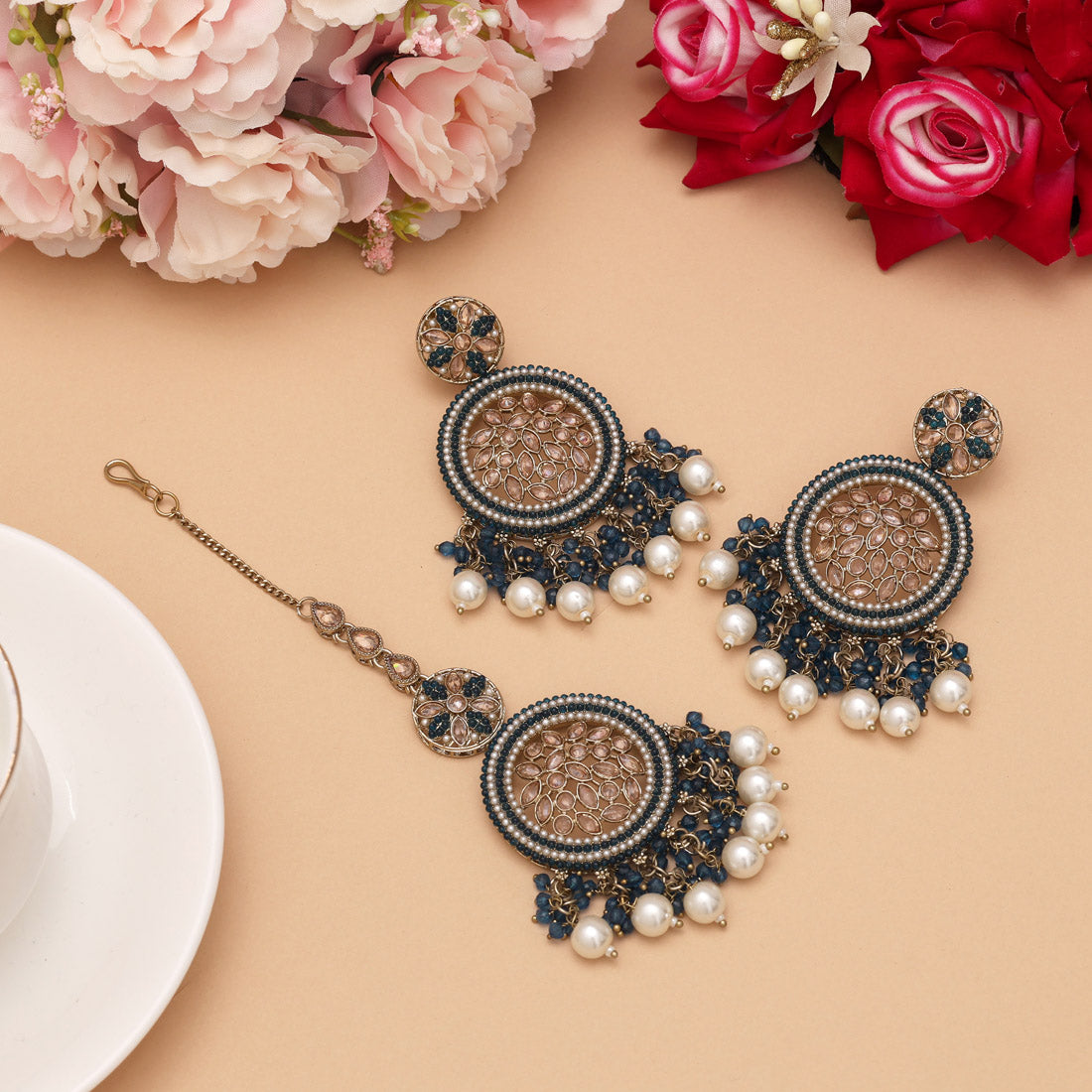 Turquoise Blue Color Pakistani Kundan Earrings With Maang Tikka (KDTE592TBLU) Jewellery GetGlit