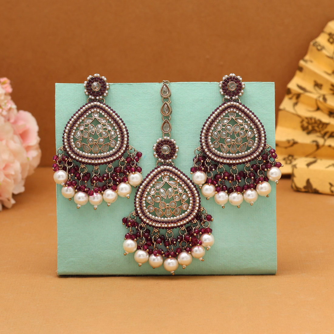 Magenta Color Pakistani Kundan Earrings With Maang Tikka (KDTE593MNT) Jewellery GetGlit