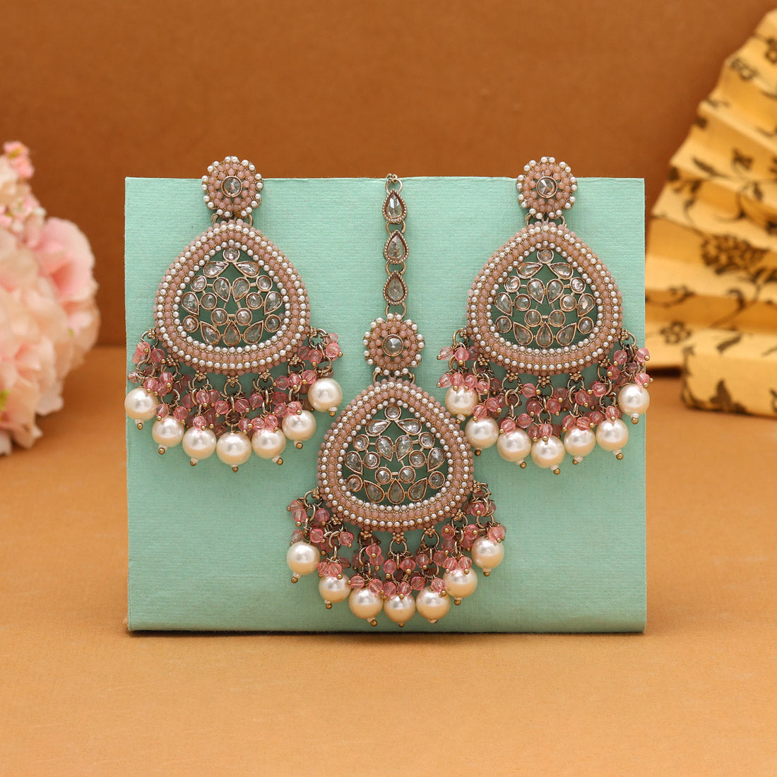 Pink Color Pakistani Kundan Earrings With Maang Tikka (KDTE593PNK) Jewellery GetGlit