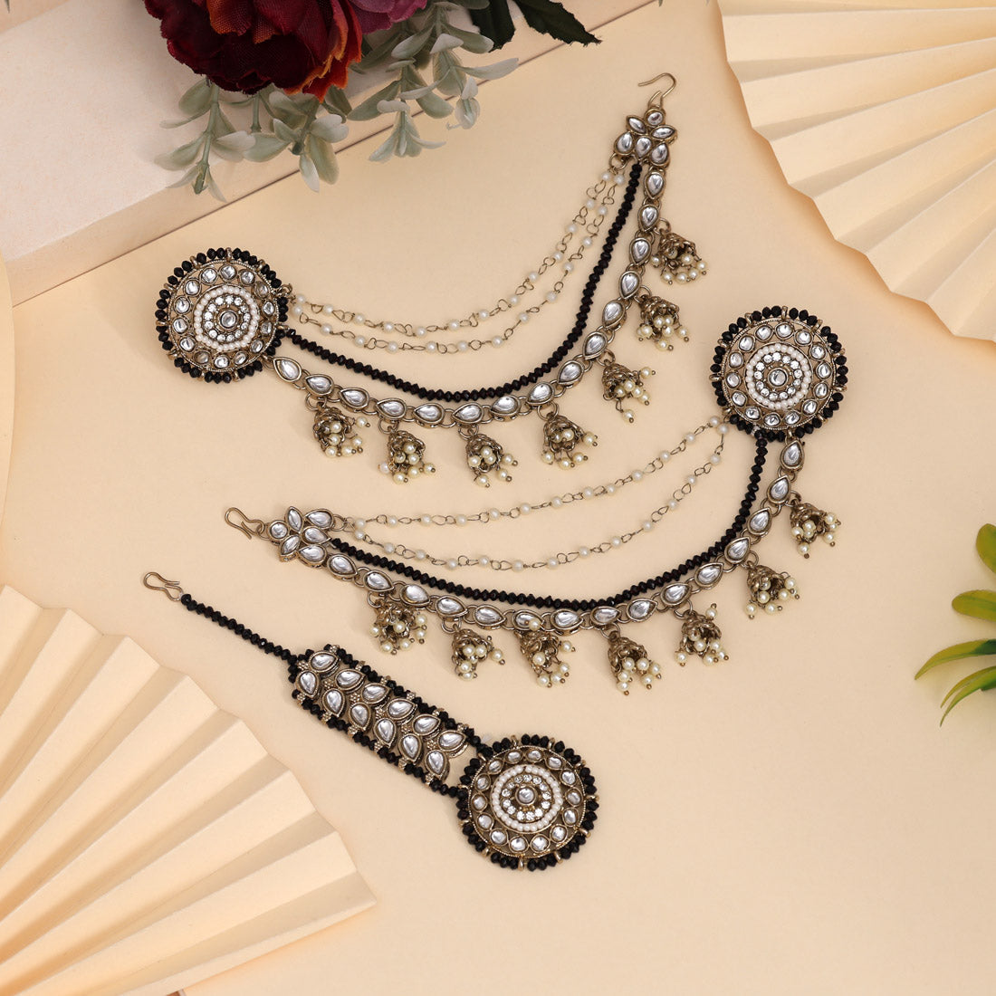 Classic Black Color Kundan Earrings With Maang Tikka Jewellery GetGlit