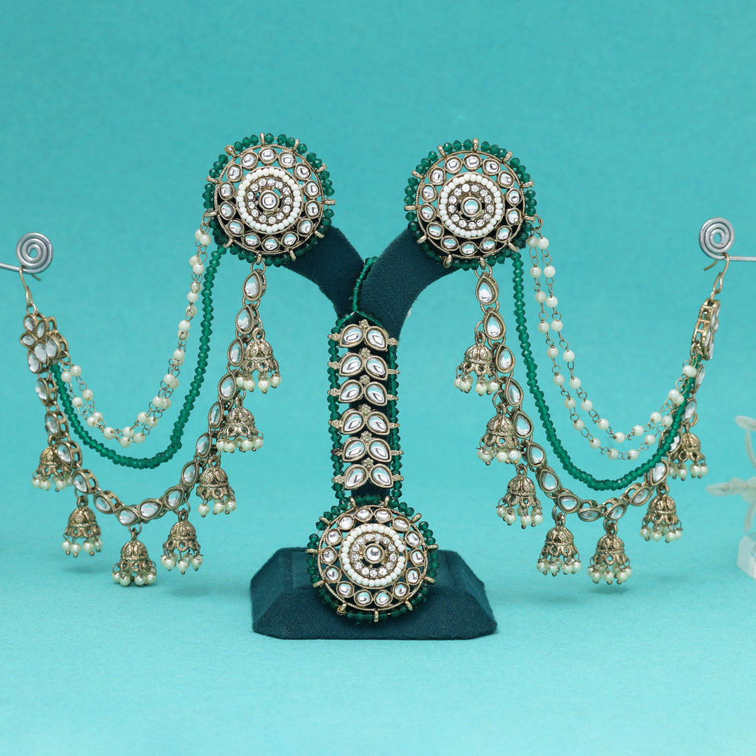 Elegant Green Color Kundan Earrings With Maang Tikka Jewellery GetGlit