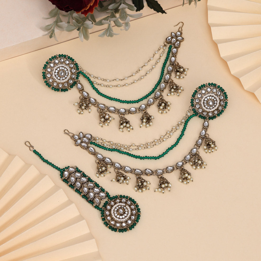 Elegant Green Color Kundan Earrings With Maang Tikka Jewellery GetGlit