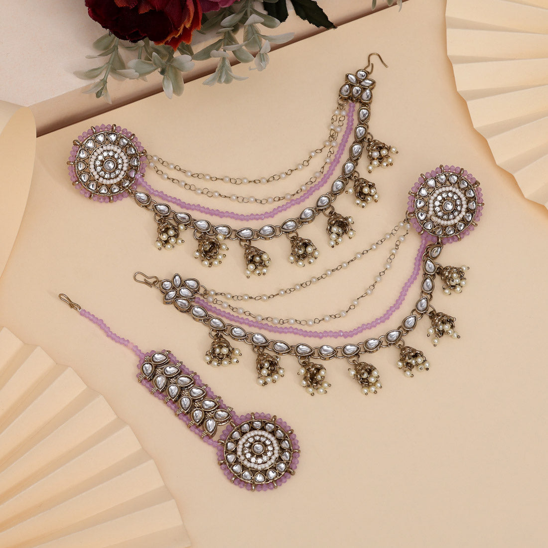 Delicate Light Purple Color Kundan Earrings With Maang Tikka Jewellery GetGlit