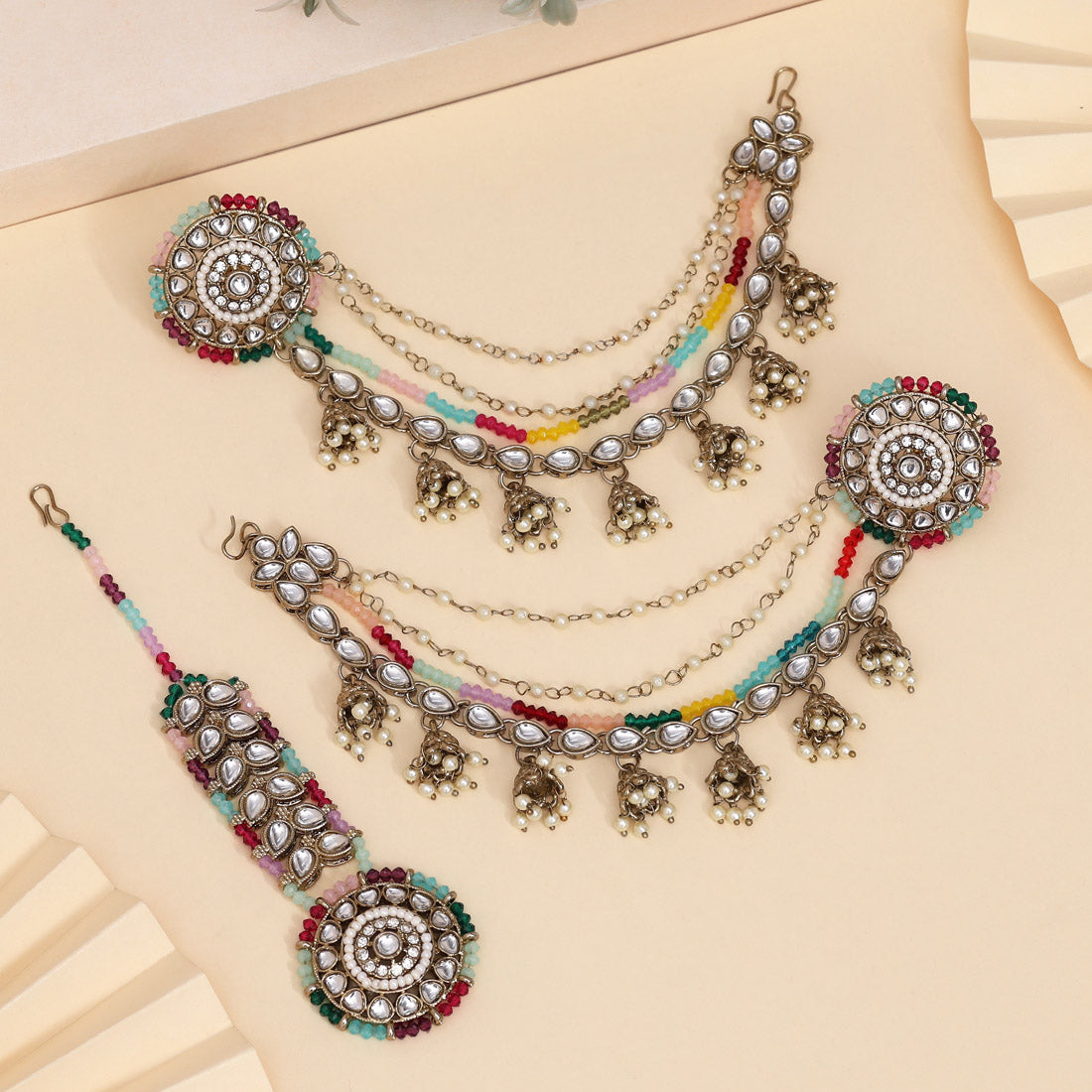 Festive Multi Color Kundan Earrings With Maang Tikka Jewellery GetGlit