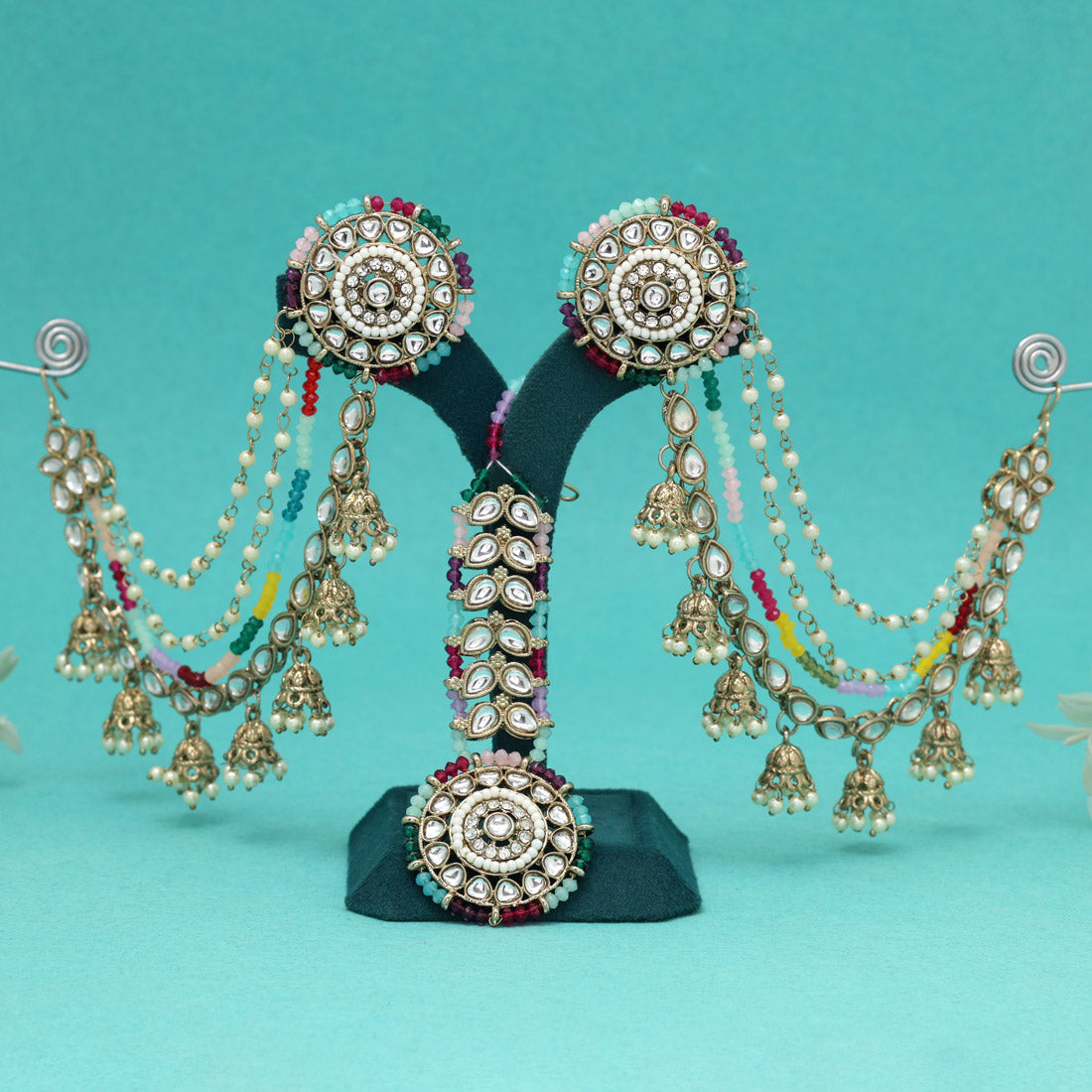 Festive Multi Color Kundan Earrings With Maang Tikka Jewellery GetGlit