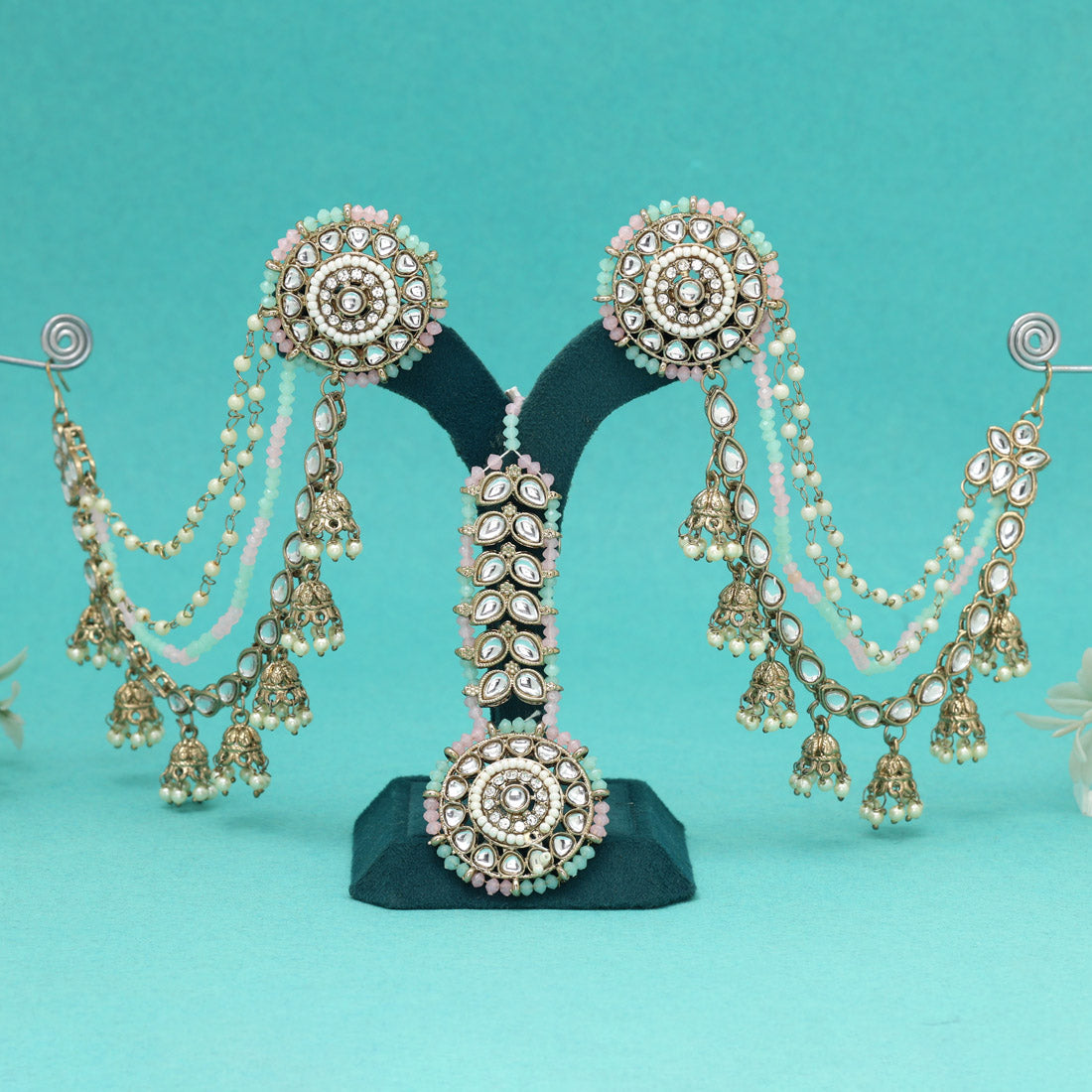 Blush & Mint Pista Green Color Kundan Earrings With Maang Tikka Jewellery GetGlit