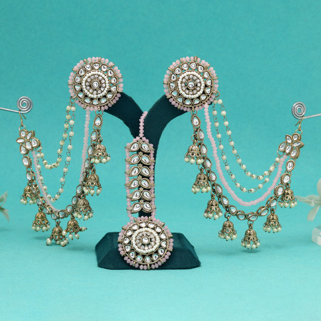 Soft Pink Color Kundan Earrings With Maang Tikka Jewellery GetGlit