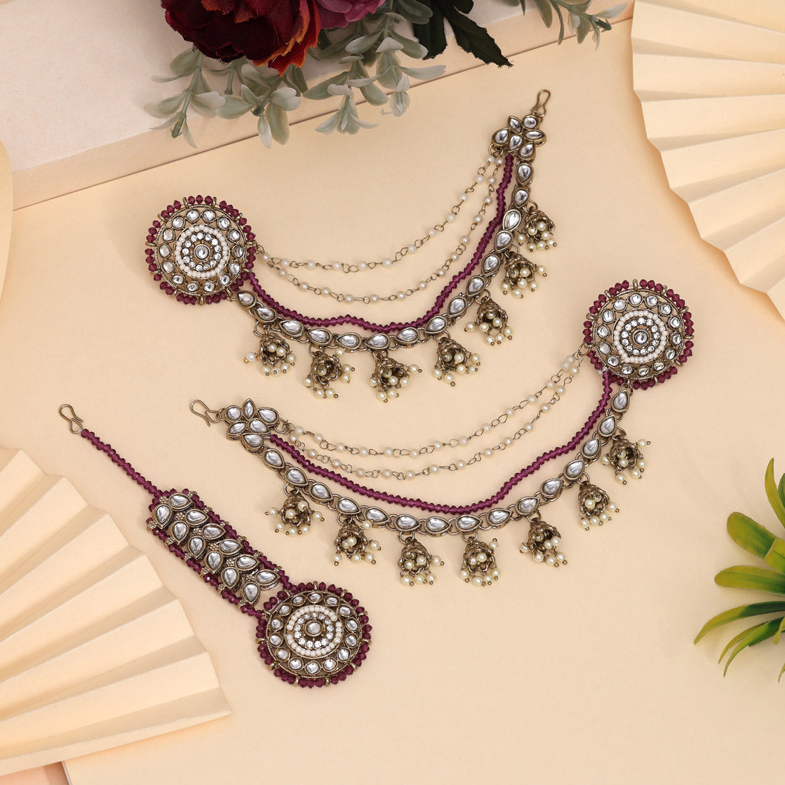 Royal Purple Color Kundan Earrings With Maang Tikka Jewellery GetGlit