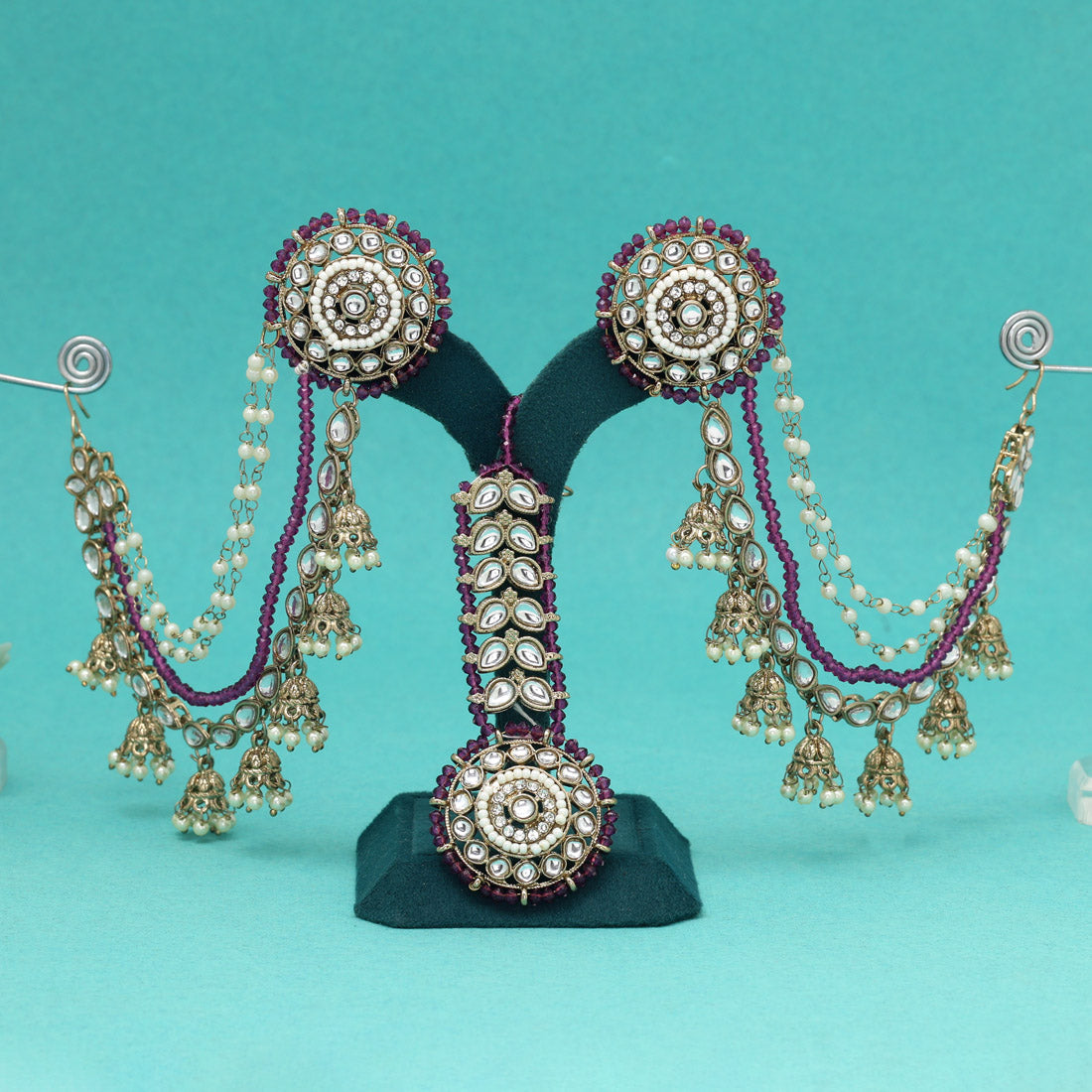 Royal Purple Color Kundan Earrings With Maang Tikka Jewellery GetGlit