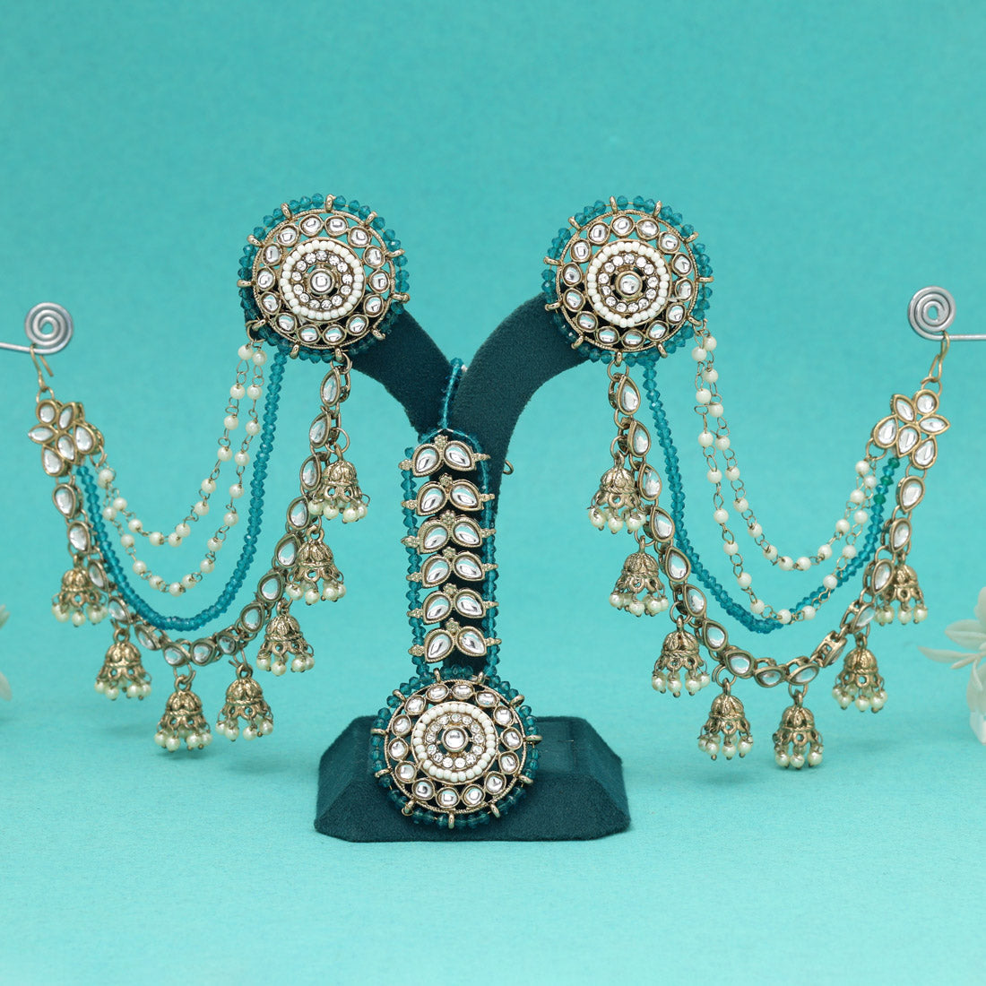 Cool Turquoise Blue Color Kundan Earrings With Maang Tikka Jewellery GetGlit