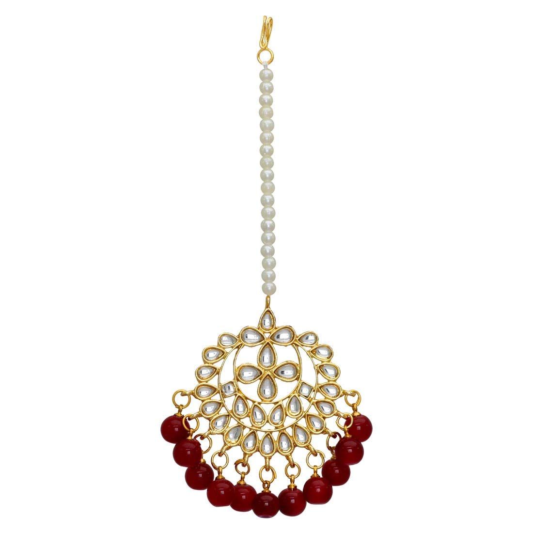 Partywear Collection Maroon Color Imitation Pearl Kundan Necklace With Earring & Maang Tikka Jewellery GlitStudio