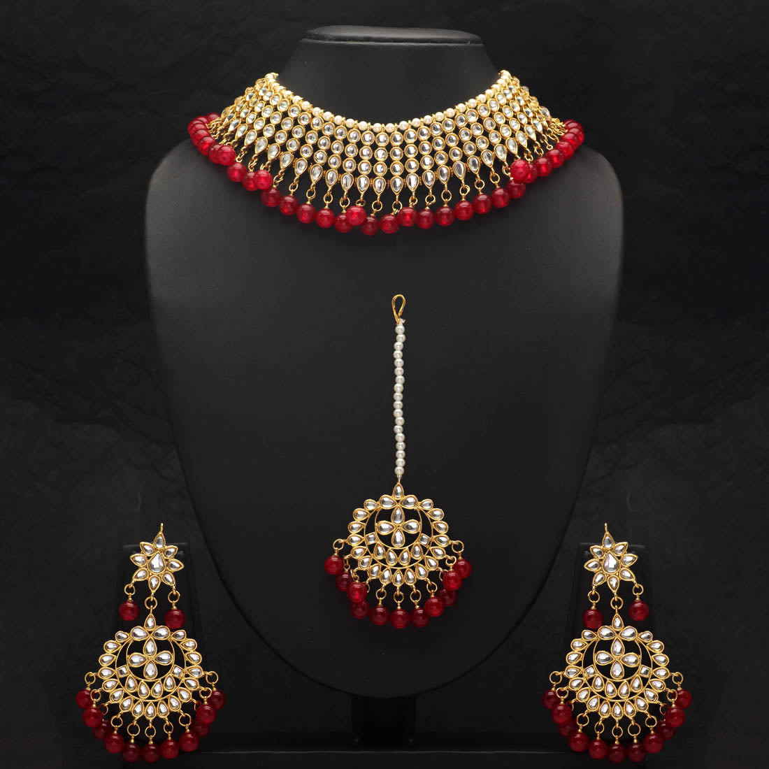 Partywear Collection Maroon Color Imitation Pearl Kundan Necklace With Earring & Maang Tikka Jewellery GlitStudio