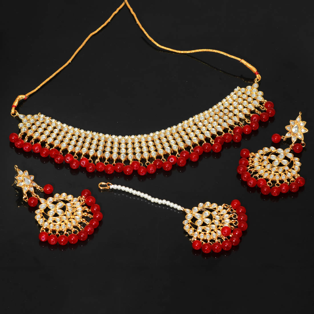 Partywear Collection Maroon Color Imitation Pearl Kundan Necklace With Earring & Maang Tikka Jewellery GlitStudio