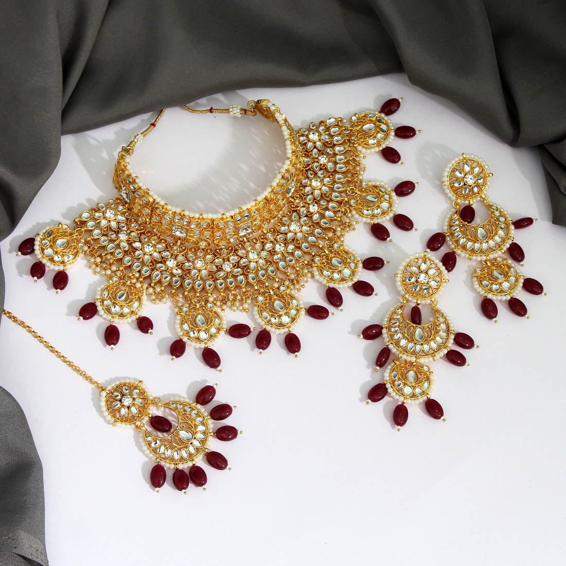 Maroon Color Kundan Choker Necklace Set Jewellery GlitStudio