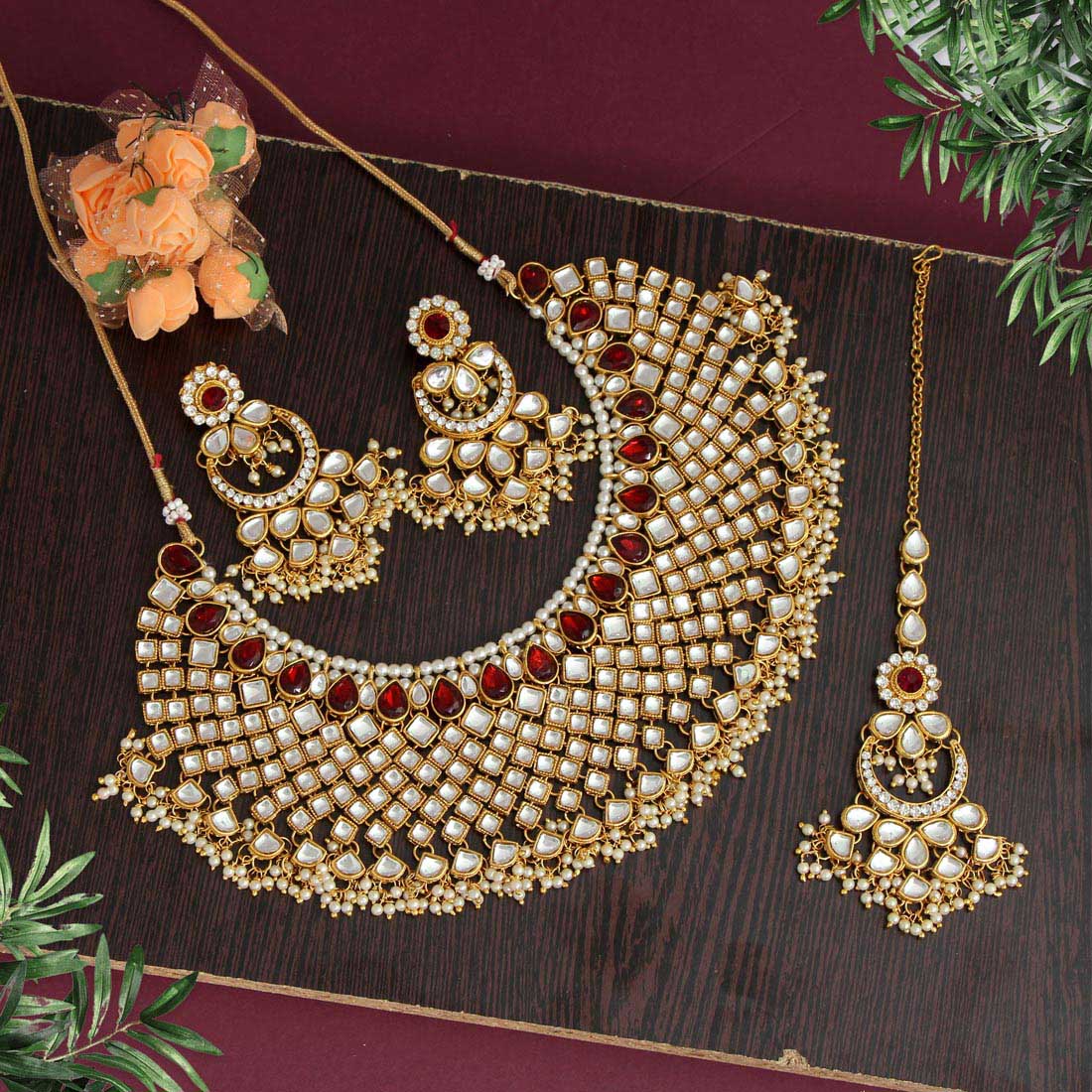 Maroon Color Kundan Necklace Set (KN1026MRN) Jewellery GetGlit