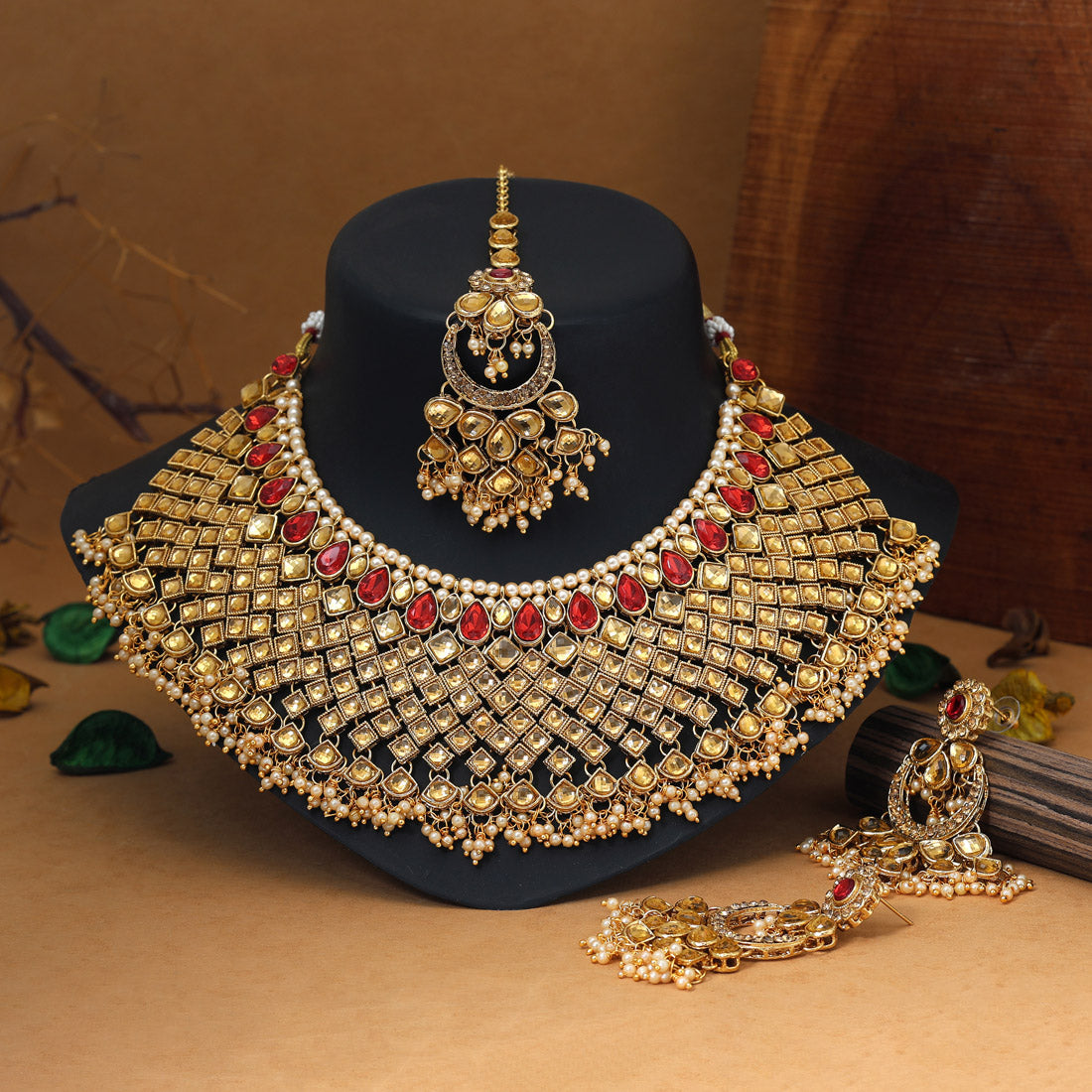 Red & Gold Color Kundan Necklace Set Jewellery GetGlit