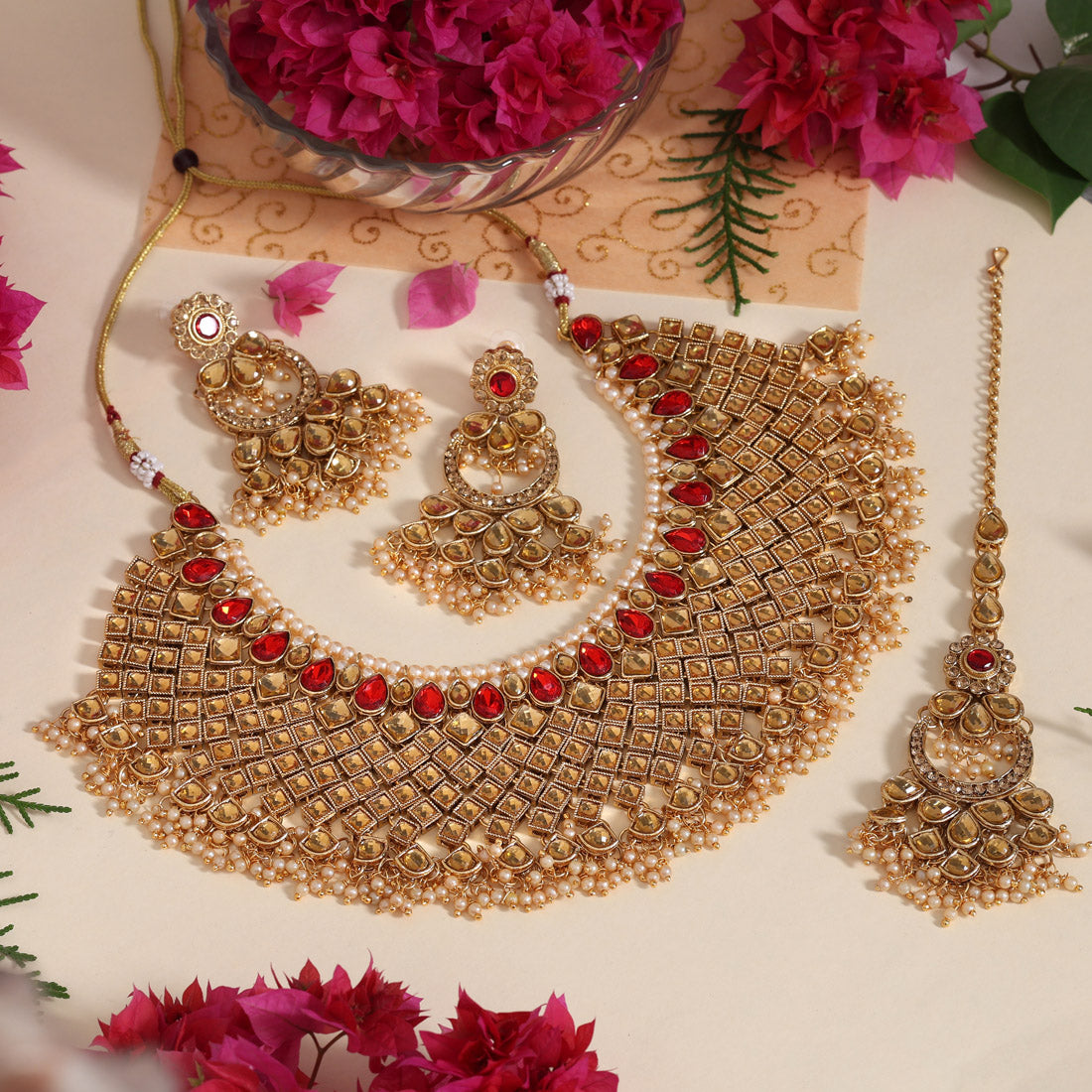 Red & Gold Color Kundan Necklace Set Jewellery GetGlit