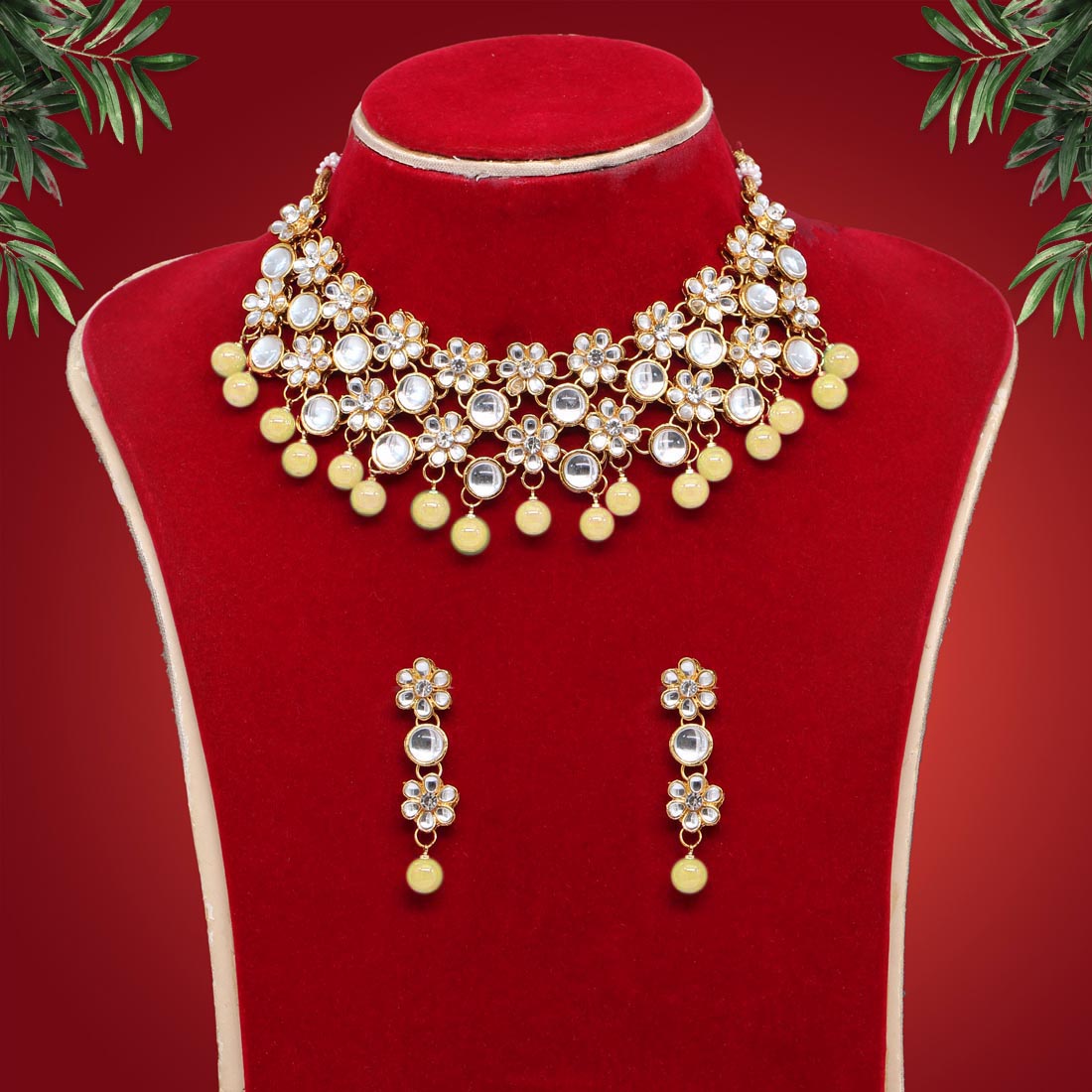 Lemon Yellow Color Kundan Necklace Set Jewellery GetGlit