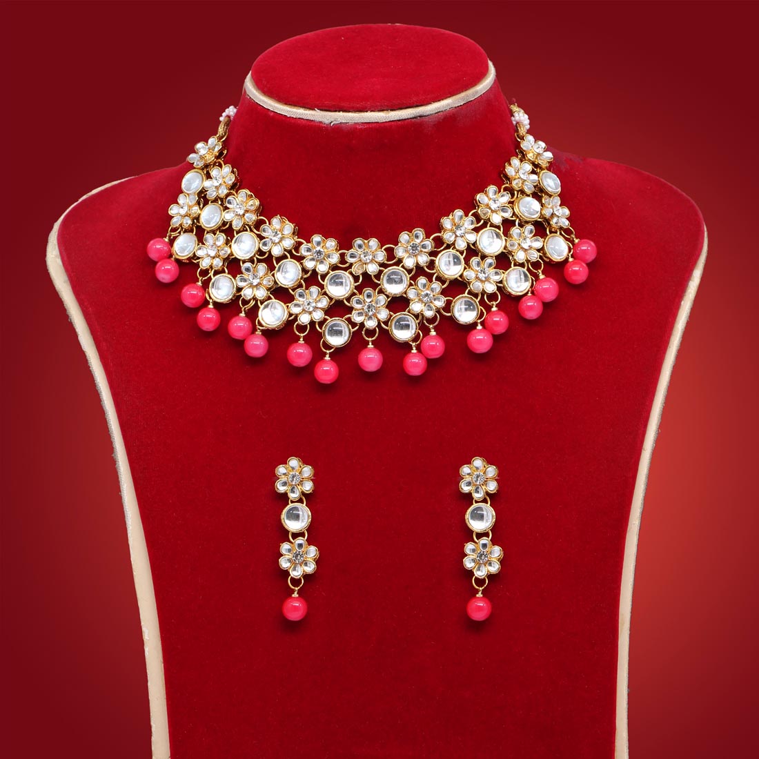 Magenta Color Kundan Necklace Set Jewellery GetGlit