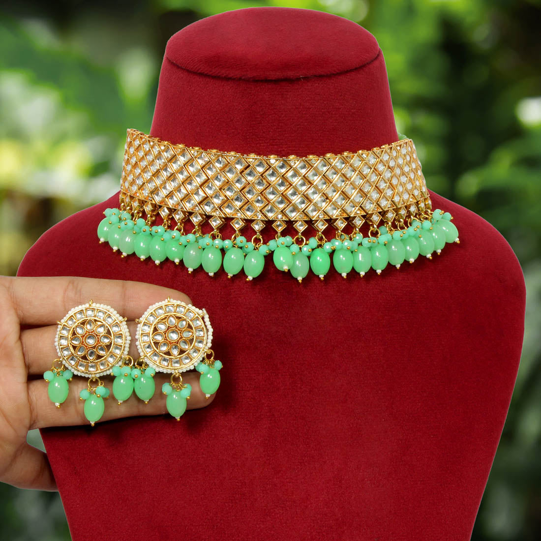 Parrot Green Color Kundan Choker Necklace Set Jewellery GetGlit