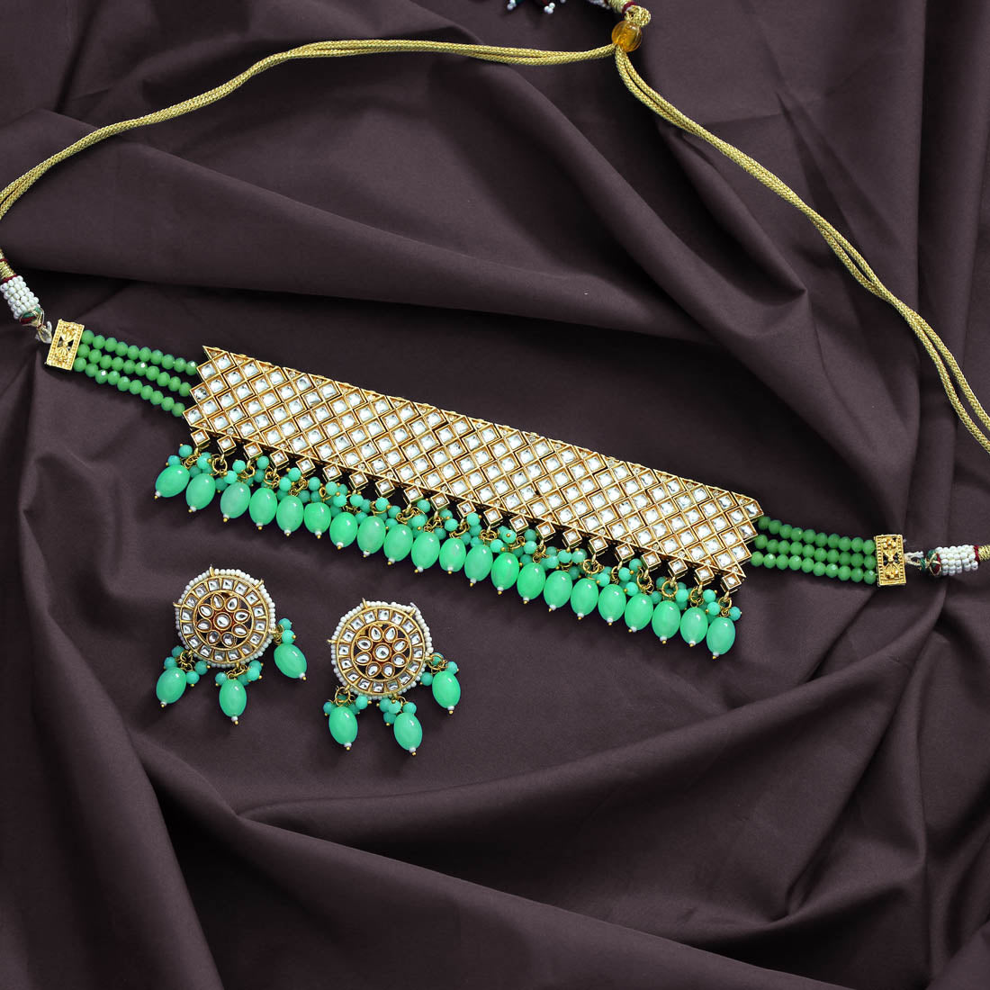 Parrot Green Color Kundan Choker Necklace Set Jewellery GetGlit