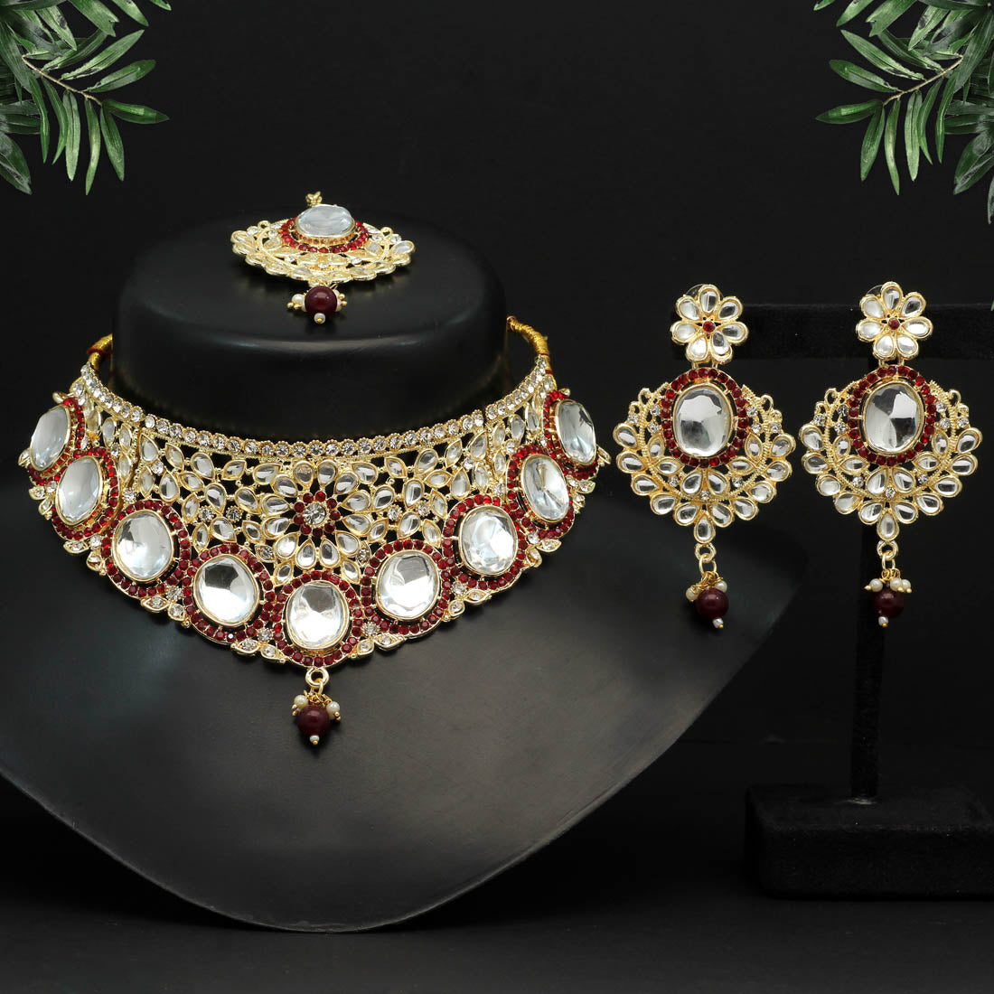 Maroon Color Choker Kundan Necklace Set (KN1128MRN) Jewellery GetGlit