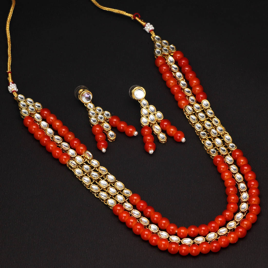 Orange Color Kundan Necklace Set Jewellery GetGlit