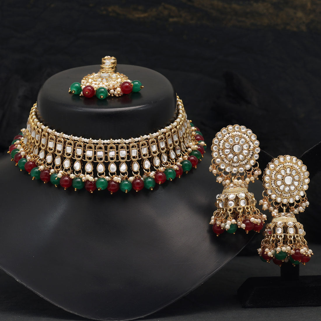 Maroon & Green Color Choker Kundan Necklace Set (KN1312MG) Jewellery GetGlit