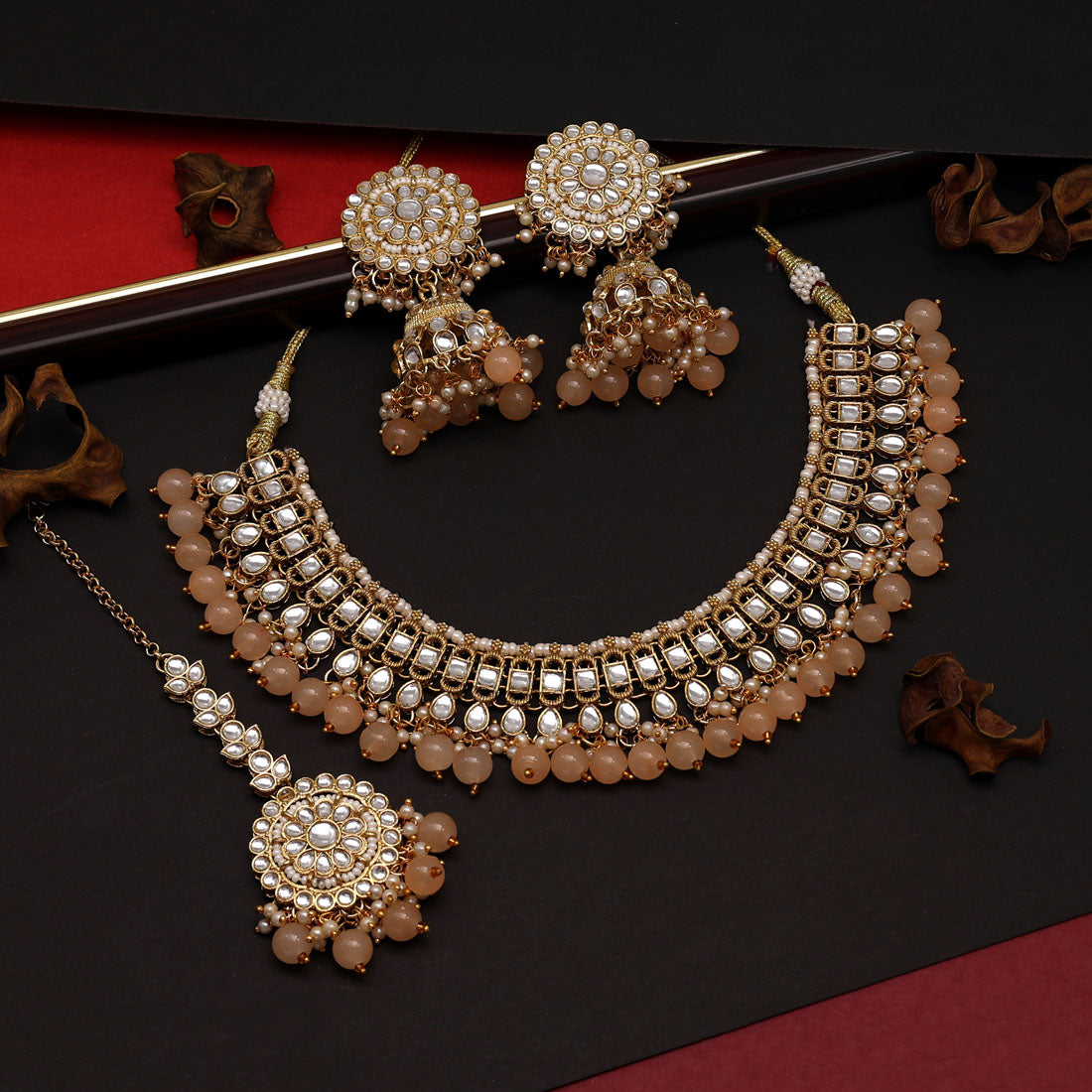 Peach Color Choker Kundan Necklace Set (KN1312PCH) Jewellery GetGlit