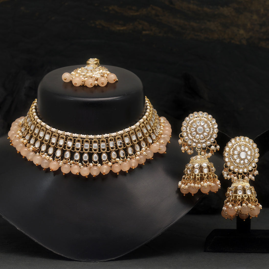 Peach Color Choker Kundan Necklace Set (KN1312PCH) Jewellery GetGlit