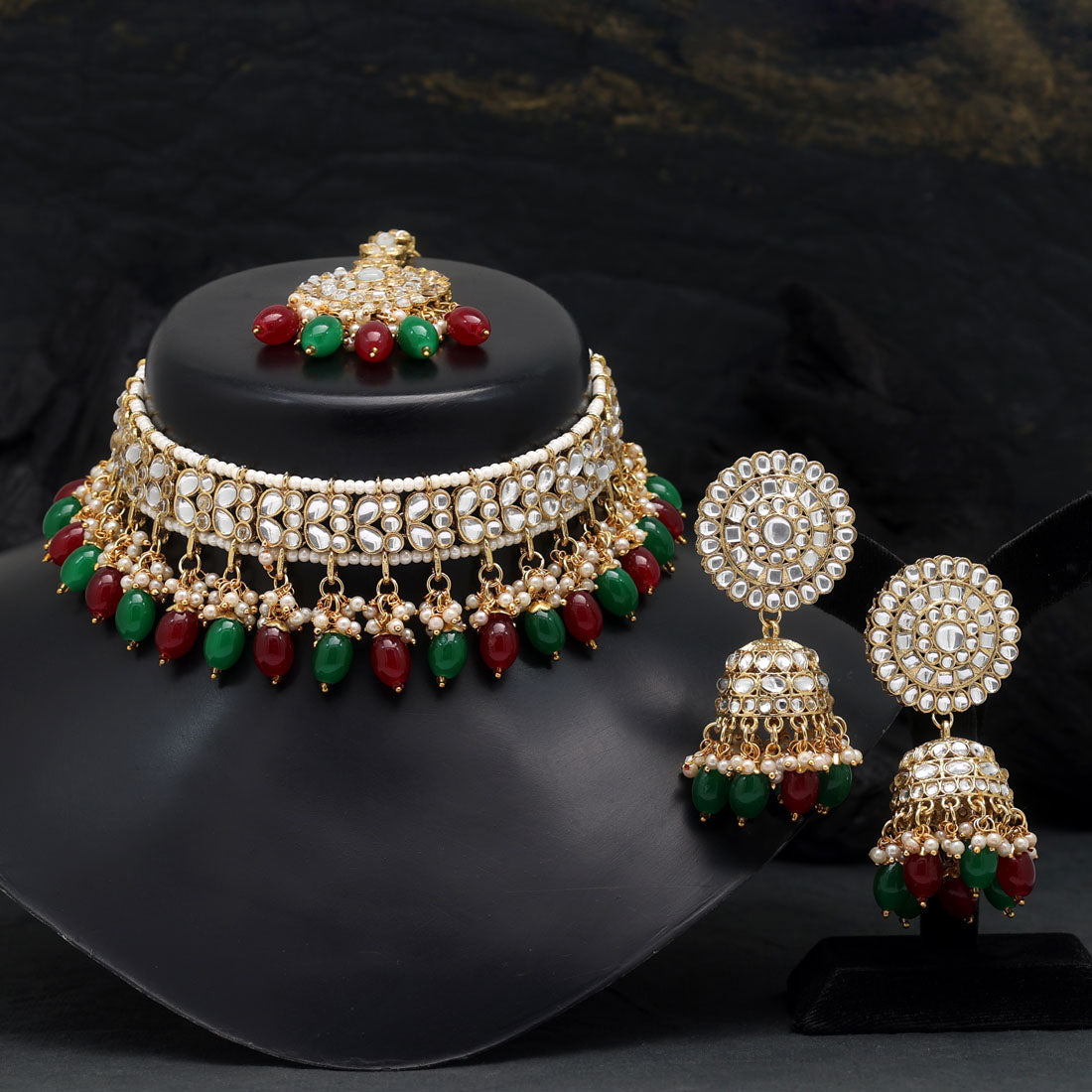 Maroon & Green Color Choker Kundan Necklace Set Jewellery GetGlit