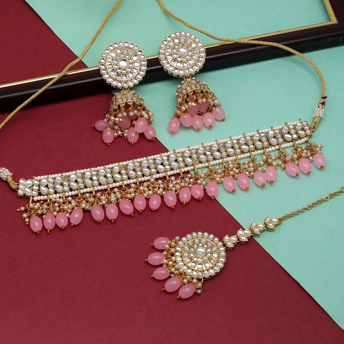 Pink Color Choker Kundan Necklace Set (KN1314PNK) Jewellery GetGlit