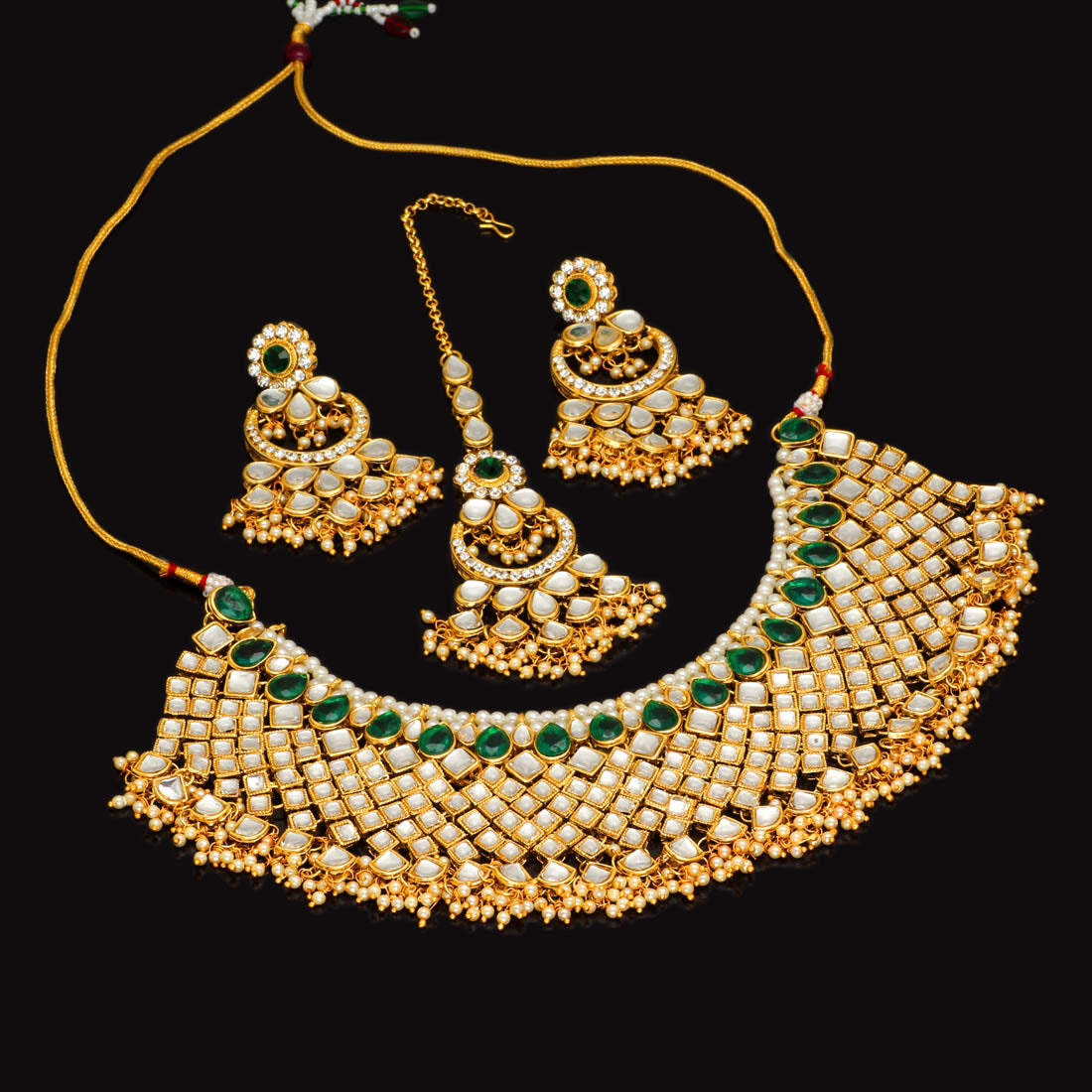 Green Color Kundan Necklace With Earring & Maang Tikka Jewellery GetGlit